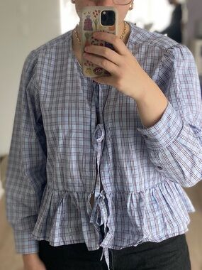 Upcycled checkered shirt to Tie blouse
